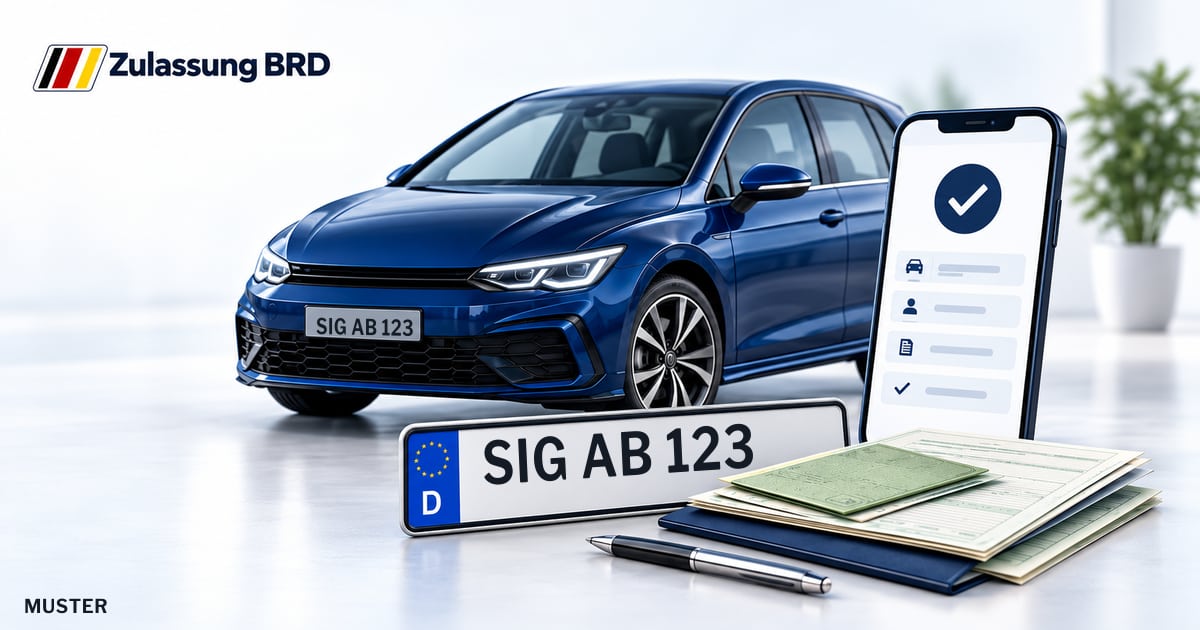 Online Fahrzeugzulassung in Bad Saulgau: Musterkennzeichen SIG AB 123, Auto und Fahrzeugpapiere und Smartphone. Illustration mit Logo von Zulassung BRD.
